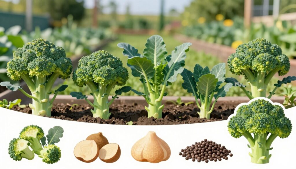 A vibrant and detailed illustration of various broccoli seeds (nasiona) displayed prominently in the foreground, showcasing their unique shapes and textures. In the middle ground, arrange an assortment of broccoli plants in different stages of growth, highlighting their lush green leaves and healthy stems. The background should feature a beautiful outdoor garden scene under bright, natural daylight, with soft, diffused sunlight casting gentle shadows. Use a shallow depth of field to keep the focus on the seeds and plants while softly blurring the background. The overall mood is fresh, organic, and inspiring, conveying the essence of gardening and cultivation. The composition should evoke a sense of growth and natural beauty, suitable for an educational article on broccoli cultivation. A vibrant and detailed illustration of various broccoli seeds (nasiona) displayed prominently in the foreground, showcasing their unique shapes and textures. In the middle ground, arrange an assortment of broccoli plants in different stages of growth, highlighting their lush green leaves and healthy stems. The background should feature a beautiful outdoor garden scene under bright, natural daylight, with soft, diffused sunlight casting gentle shadows. Use a shallow depth of field to keep the focus on the seeds and plants while softly blurring the background. The overall mood is fresh, organic, and inspiring, conveying the essence of gardening and cultivation. The composition should evoke a sense of growth and natural beauty, suitable for an educational article on broccoli cultivation.