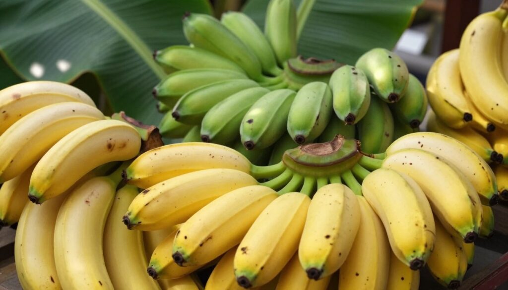 A vibrant and detailed still life of various bananas, showcasing their unique colors and textures. In the foreground, highlight a cluster of ripe, yellow bananas with a few speckled with brown spots to indicate ripeness. In the middle, include a few green bananas transitioning to yellow, representing different stages of ripening. The background features lush banana leaves, creating a tropical atmosphere. Soft, natural sunlight filters in, casting gentle shadows and highlighting the curves of the bananas, emphasizing their freshness. The scene conveys a sense of abundance and vitality, evoking the origins and journey of bananas from tropical farms to stores. Use a shallow depth of field to focus on the bananas, creating a warm and inviting mood.