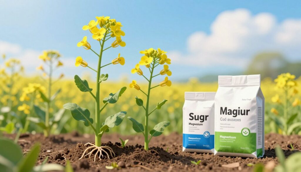 A vibrant and educational illustration depicting the role of sulfur and magnesium in the regeneration of winter crops, specifically rapeseed. In the foreground, showcase healthy rapeseed plants with bright yellow flowers and lush green leaves, their roots slightly exposed to symbolize vitality. In the middle ground, incorporate elements like small bags of fertilizers labeled with chemical compositions of sulfur and magnesium, placed beside the plants. The background features a serene spring landscape with a clear blue sky and soft sunlight filtering through the clouds, creating an optimistic and refreshing atmosphere. Use bright, natural lighting to enhance the colors, and capture the scene with a shallow depth of field to focus on the plants and fertilizers, evoking growth and renewal. A vibrant and educational illustration depicting the role of sulfur and magnesium in the regeneration of winter crops, specifically rapeseed. In the foreground, showcase healthy rapeseed plants with bright yellow flowers and lush green leaves, their roots slightly exposed to symbolize vitality. In the middle ground, incorporate elements like small bags of fertilizers labeled with chemical compositions of sulfur and magnesium, placed beside the plants. The background features a serene spring landscape with a clear blue sky and soft sunlight filtering through the clouds, creating an optimistic and refreshing atmosphere. Use bright, natural lighting to enhance the colors, and capture the scene with a shallow depth of field to focus on the plants and fertilizers, evoking growth and renewal.