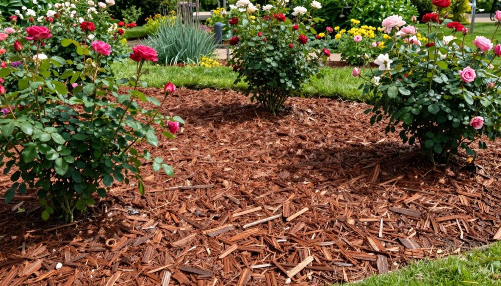 A vibrant and informative garden scene showcasing a bed of pine bark mulch, specifically designed for rose plants. In the foreground, a thick layer of rich, reddish-brown pine bark is spread around healthy rose bushes, displaying their lush green foliage and colorful blossoms in full bloom. The middle ground features well-maintained soil peeking through the mulch, while gentle sunlight filters down, casting soft shadows that highlight the texture of the bark. In the background, a variety of garden plants and flowers are visible, creating a tranquil and inviting atmosphere. The angle captures the scene at a slight downward slope, emphasizing the nurturing environment for roses. The overall mood is serene and natural, perfect for a garden enthusiast's article.