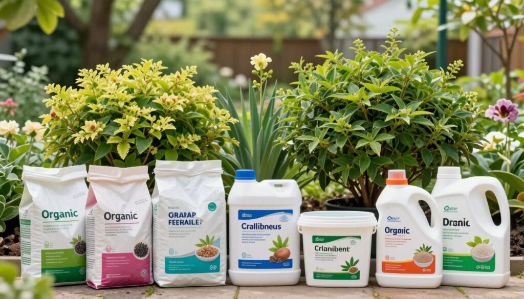 A vibrant and informative image showcasing different types of fertilizers for ornamental shrubs. In the foreground, display assorted bags and containers labeled with various fertilizer types, such as organic, granular, and liquid, arranged in an appealing way. In the middle ground, include lush ornamental shrubs, like flowering and foliage-rich varieties, demonstrating healthy growth, possibly being slightly droopy or vibrant, to indicate the effects of proper fertilization. In the background, depict a serene garden setting with soft, diffused natural light filtering through trees, creating a peaceful atmosphere. The scene should evoke a sense of care and attention to plant health, with a clear focus on the products and their usage. Use a slightly elevated angle to capture all elements harmoniously, showcasing the fertilizers in a gardening context. A vibrant and informative image showcasing different types of fertilizers for ornamental shrubs. In the foreground, display assorted bags and containers labeled with various fertilizer types, such as organic, granular, and liquid, arranged in an appealing way. In the middle ground, include lush ornamental shrubs, like flowering and foliage-rich varieties, demonstrating healthy growth, possibly being slightly droopy or vibrant, to indicate the effects of proper fertilization. In the background, depict a serene garden setting with soft, diffused natural light filtering through trees, creating a peaceful atmosphere. The scene should evoke a sense of care and attention to plant health, with a clear focus on the products and their usage. Use a slightly elevated angle to capture all elements harmoniously, showcasing the fertilizers in a gardening context.