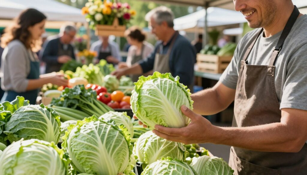 A vibrant and inviting farmers' market scene featuring a close-up of fresh, young cabbage heads. The foreground showcases a vendor with a friendly smile, wearing a neat apron, carefully selecting a perfect head of cabbage from a rich green display. The middle ground displays an array of colorful vegetables, with other shoppers interacting with the produce. The background features bright market stalls adorned with blooming flowers and rustic wooden crates, bathed in warm, natural sunlight that highlights the freshness of the vegetables. The atmosphere is lively and community-oriented, evoking a sense of freshness and the joys of seasonal shopping. The image should capture the moment of selection, emphasizing the quality and ripeness of the young cabbage.