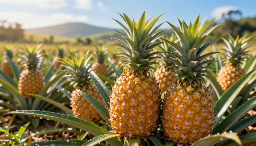 A vibrant and inviting scene showcasing freshly harvested pineapples during their peak season. In the foreground, a cluster of ripe, golden pineapples sits nestled among lush green tropical leaves, glistening with morning dew. The middle ground features a sun-drenched field of pineapple plants under a clear blue sky, with soft sunlight illuminating the fruits, highlighting their textured skin and vibrant colors. In the background, rolling hills of a tropical landscape fade into a hazy horizon, suggesting warmth and abundance. The atmosphere is cheerful and refreshing, evoking a sense of culinary delight and seasonal enjoyment, with soft, warm lighting to enhance the golden hues of the pineapples. A vibrant and inviting scene showcasing freshly harvested pineapples during their peak season. In the foreground, a cluster of ripe, golden pineapples sits nestled among lush green tropical leaves, glistening with morning dew. The middle ground features a sun-drenched field of pineapple plants under a clear blue sky, with soft sunlight illuminating the fruits, highlighting their textured skin and vibrant colors. In the background, rolling hills of a tropical landscape fade into a hazy horizon, suggesting warmth and abundance. The atmosphere is cheerful and refreshing, evoking a sense of culinary delight and seasonal enjoyment, with soft, warm lighting to enhance the golden hues of the pineapples.