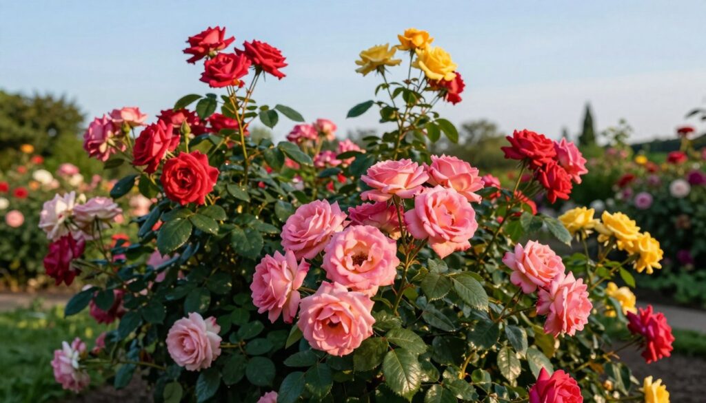A vibrant and lush garden scene featuring a variety of colorful 'róże rabatowe' (bedding roses) in full bloom, capturing their delicate petals and rich textures. In the foreground, a stunning cluster of roses displays shades of pink, red, and yellow, surrounded by lush green leaves that contrast beautifully with the flowers. The middle ground reveals more roses in various stages of bloom, showcasing their robust bushy form. In the background, a soft-focus garden setting with hints of other flowering plants and a light blue sky creates a serene atmosphere. The lighting is soft and warm, simulating late afternoon sunshine, accentuating the roses' brilliant colors. The scene evokes a sense of tranquility and beauty, inviting the viewer to appreciate the charm of these popular garden flowers. A vibrant and lush garden scene featuring a variety of colorful 'róże rabatowe' (bedding roses) in full bloom, capturing their delicate petals and rich textures. In the foreground, a stunning cluster of roses displays shades of pink, red, and yellow, surrounded by lush green leaves that contrast beautifully with the flowers. The middle ground reveals more roses in various stages of bloom, showcasing their robust bushy form. In the background, a soft-focus garden setting with hints of other flowering plants and a light blue sky creates a serene atmosphere. The lighting is soft and warm, simulating late afternoon sunshine, accentuating the roses' brilliant colors. The scene evokes a sense of tranquility and beauty, inviting the viewer to appreciate the charm of these popular garden flowers.