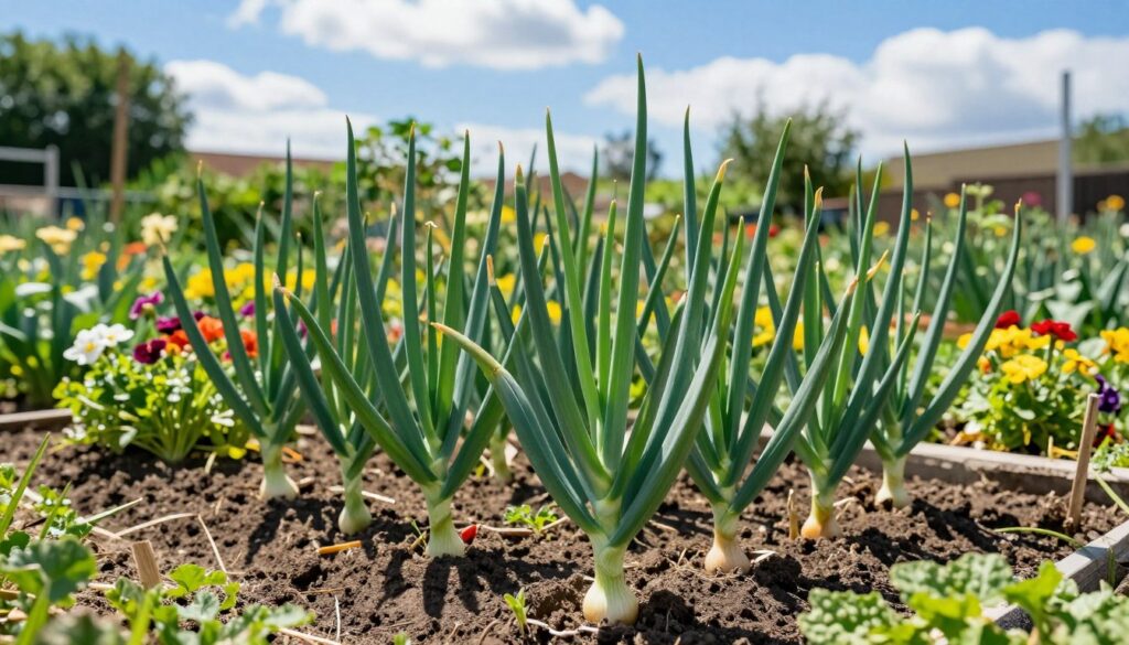 A vibrant and lush garden scene showcasing a thriving patch of "cebula siedmiolatka" (seven-year onion) in the foreground. The onions are depicted with healthy, green chive-like tops that arch gracefully, showcasing their freshness. In the middle ground, a well-tended garden bed is visible, framed by colorful flowers and rich, dark soil that contrasts with the vivid greenery. The background features a soft-focus view of a sunny day with a blue sky, dotted with a few fluffy white clouds, enhancing the mood of a flourishing garden. Bright sunlight casts gentle shadows, creating depth and highlighting the textures of the foliage. The scene conveys a sense of joy and vitality, inviting viewers to appreciate the beauty and benefits of growing seven-year onions. A vibrant and lush garden scene showcasing a thriving patch of "cebula siedmiolatka" (seven-year onion) in the foreground. The onions are depicted with healthy, green chive-like tops that arch gracefully, showcasing their freshness. In the middle ground, a well-tended garden bed is visible, framed by colorful flowers and rich, dark soil that contrasts with the vivid greenery. The background features a soft-focus view of a sunny day with a blue sky, dotted with a few fluffy white clouds, enhancing the mood of a flourishing garden. Bright sunlight casts gentle shadows, creating depth and highlighting the textures of the foliage. The scene conveys a sense of joy and vitality, inviting viewers to appreciate the beauty and benefits of growing seven-year onions.