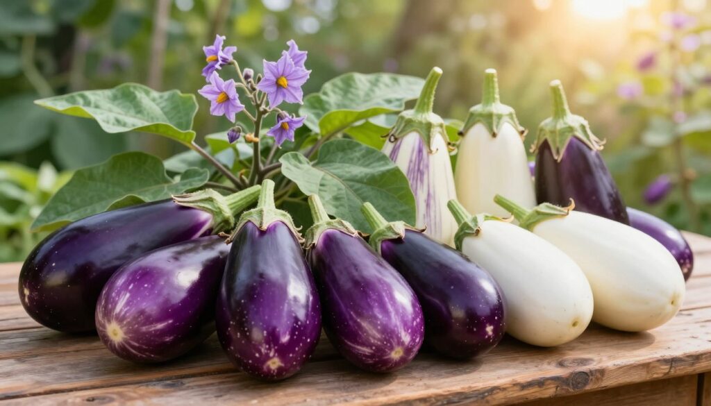A vibrant assortment of eggplant varieties displayed on a rustic wooden table. In the foreground, glossy, deep purple, oval-shaped eggplants are contrasted by lighter, striped varieties and the unique white eggplant. The middle ground features lush green leaves and small, delicate purple flowers typical of eggplant plants, adding a touch of freshness. In the background, a warm sunlight filters through, creating a soft, inviting glow that enhances the colors and textures of the vegetables. The composition is framed with a natural setting of a garden, hinting at growth and nourishment. The overall mood is cheerful and vibrant, capturing the essence of selecting the best eggplant varieties for cultivation. A vibrant assortment of eggplant varieties displayed on a rustic wooden table. In the foreground, glossy, deep purple, oval-shaped eggplants are contrasted by lighter, striped varieties and the unique white eggplant. The middle ground features lush green leaves and small, delicate purple flowers typical of eggplant plants, adding a touch of freshness. In the background, a warm sunlight filters through, creating a soft, inviting glow that enhances the colors and textures of the vegetables. The composition is framed with a natural setting of a garden, hinting at growth and nourishment. The overall mood is cheerful and vibrant, capturing the essence of selecting the best eggplant varieties for cultivation.