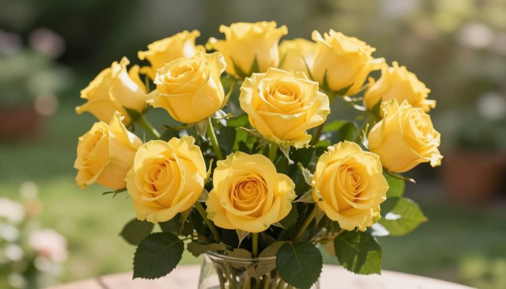 A vibrant bouquet of yellow roses, symbolizing friendship, elegantly arranged in a clear glass vase. In the foreground, the roses display their rich, golden petals with intricate details, showcasing their natural beauty. The middle layer features delicate green leaves, enhancing the liveliness of the blooms. The background subtly blurs into a soft, diffused garden scene with gentle greens and warm sunlight filtering through, creating an inviting atmosphere. The lighting is bright yet soft, highlighting the texture of the petals and casting gentle shadows. The angle captures the bouquet slightly from above, emphasizing the flowers' radiance and charm, evoking a sense of warmth and companionship. A vibrant bouquet of yellow roses, symbolizing friendship, elegantly arranged in a clear glass vase. In the foreground, the roses display their rich, golden petals with intricate details, showcasing their natural beauty. The middle layer features delicate green leaves, enhancing the liveliness of the blooms. The background subtly blurs into a soft, diffused garden scene with gentle greens and warm sunlight filtering through, creating an inviting atmosphere. The lighting is bright yet soft, highlighting the texture of the petals and casting gentle shadows. The angle captures the bouquet slightly from above, emphasizing the flowers' radiance and charm, evoking a sense of warmth and companionship.