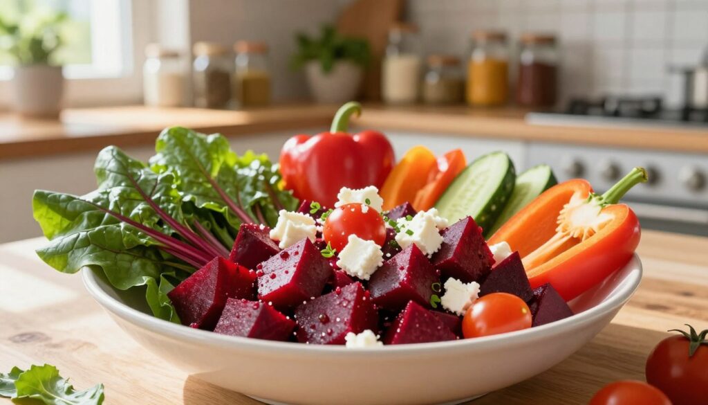 A vibrant bowl of "botwina sałatka" situated at the forefront, showcasing fresh young beetroot leaves and tender, diced beetroots, adorned with bright cherry tomatoes and sprinkled with crumbled feta cheese. The middle ground features an assortment of colorful vegetables like bell peppers and cucumbers, elegantly arranged around the bowl. In the background, a softly blurred rustic kitchen setting with wooden shelves stocked with jars of spices and herbs, capturing a warm, inviting atmosphere. The lighting is natural and bright, simulating sunlight streaming through a window, casting gentle shadows that enhance the freshness of the ingredients. The overall mood is cheerful and wholesome, emphasizing the creative use of botwina in everyday meals. A vibrant bowl of "botwina sałatka" situated at the forefront, showcasing fresh young beetroot leaves and tender, diced beetroots, adorned with bright cherry tomatoes and sprinkled with crumbled feta cheese. The middle ground features an assortment of colorful vegetables like bell peppers and cucumbers, elegantly arranged around the bowl. In the background, a softly blurred rustic kitchen setting with wooden shelves stocked with jars of spices and herbs, capturing a warm, inviting atmosphere. The lighting is natural and bright, simulating sunlight streaming through a window, casting gentle shadows that enhance the freshness of the ingredients. The overall mood is cheerful and wholesome, emphasizing the creative use of botwina in everyday meals.
