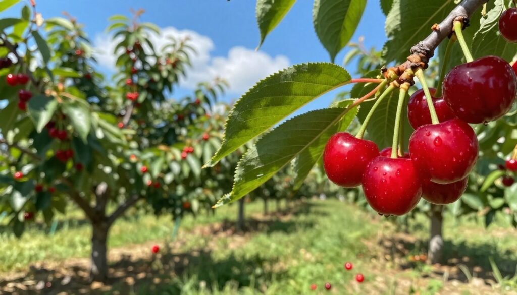 A vibrant cherry orchard in full bloom during the peak cherry season, showcasing ripe cherries hanging from lush green branches. In the foreground, plump, glossy red cherries are clustered together, glistening in the sunlight, with some scattered on the soft, grassy ground. The middle ground features rows of cherry trees laden with fruit, their leaves a rich emerald green, slightly swaying in a gentle breeze. In the background, a clear blue sky adds depth to the scene, with a few fluffy white clouds drifting lazily by. The atmosphere is warm and inviting, reflecting the joy of harvest time. The lighting is bright and natural, evoking a sense of abundance and connection to nature, with a shallow depth of field emphasizing the cherries in the foreground while softly blurring the trees in the background. A vibrant cherry orchard in full bloom during the peak cherry season, showcasing ripe cherries hanging from lush green branches. In the foreground, plump, glossy red cherries are clustered together, glistening in the sunlight, with some scattered on the soft, grassy ground. The middle ground features rows of cherry trees laden with fruit, their leaves a rich emerald green, slightly swaying in a gentle breeze. In the background, a clear blue sky adds depth to the scene, with a few fluffy white clouds drifting lazily by. The atmosphere is warm and inviting, reflecting the joy of harvest time. The lighting is bright and natural, evoking a sense of abundance and connection to nature, with a shallow depth of field emphasizing the cherries in the foreground while softly blurring the trees in the background.