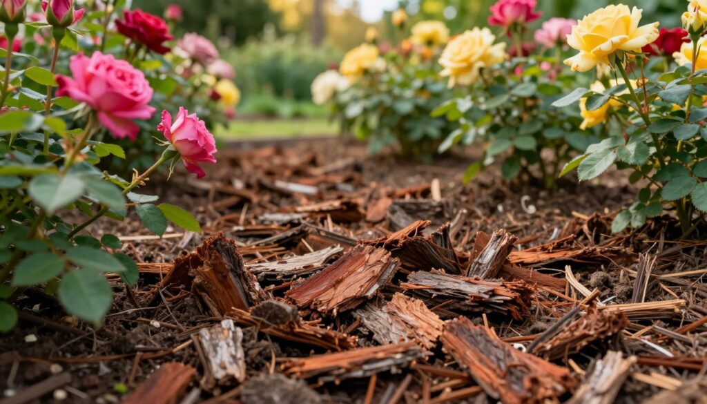 A vibrant, close-up image of composted bark mulch for roses, featuring rich, earthy tones of dark brown and deep red, scattered generously on the soil of a flourishing rose garden. In the foreground, showcase healthy rose plants with blooming deep-pink and soft-yellow flowers, their leaves vibrant and lush. The middle of the image should display clumps of textured, composted bark, highlighting its fibrous structure and organic matter, blending harmoniously with the soil. In the background, a softly blurred garden scene with sunlight filtering through lush greenery, creating a warm, inviting atmosphere. Capture the scene with soft, natural lighting to enhance the earthy tones and emphasize the healthy growth of the roses. Use a shallow depth of field to focus on the bark and roses, giving a sense of depth and tranquility. A vibrant, close-up image of composted bark mulch for roses, featuring rich, earthy tones of dark brown and deep red, scattered generously on the soil of a flourishing rose garden. In the foreground, showcase healthy rose plants with blooming deep-pink and soft-yellow flowers, their leaves vibrant and lush. The middle of the image should display clumps of textured, composted bark, highlighting its fibrous structure and organic matter, blending harmoniously with the soil. In the background, a softly blurred garden scene with sunlight filtering through lush greenery, creating a warm, inviting atmosphere. Capture the scene with soft, natural lighting to enhance the earthy tones and emphasize the healthy growth of the roses. Use a shallow depth of field to focus on the bark and roses, giving a sense of depth and tranquility.