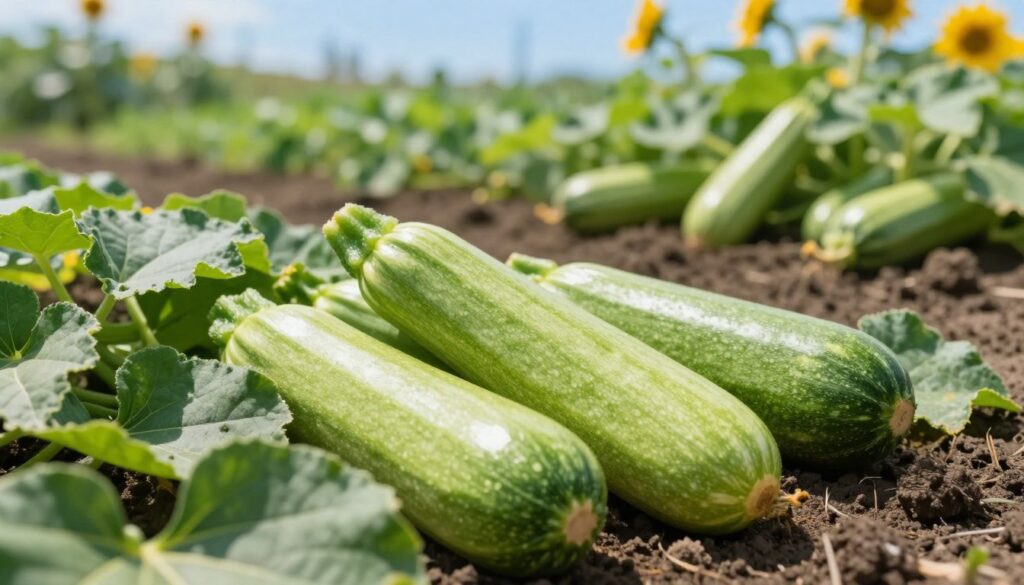 A vibrant, close-up image of fresh zucchinis (cukinii) in various shades of green, showcasing their glossy skin and delicate texture. The foreground displays a selection of young zucchinis nestled amongst lush, green leaves, with some partially hidden beneath the foliage. The middle ground features a well-tended garden bed with rich, dark soil and more zucchinis emerging, emphasizing the nurturing environment for growth. In the background, a soft-focus of a bright blue sky and distant sunflowers hints at a warm, sunny day, creating a cheerful atmosphere. Use soft, natural lighting to enhance the freshness and vibrancy of the zucchinis, while capturing the essence of agricultural abundance, ideally shot from a slightly elevated angle to provide depth to the scene.