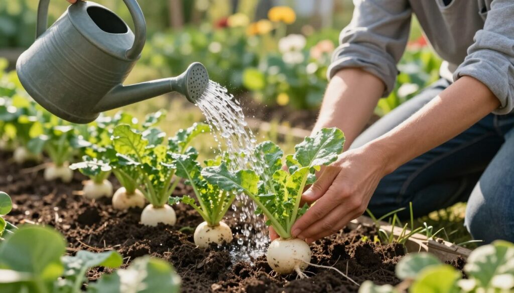 A vibrant close-up of a gardener gently watering crisp, green radish plants growing in rich, dark soil. In the foreground, glistening droplets cascade from a watering can, creating a sense of motion and care. The gardener, dressed in modest casual clothing, kneels beside the plants, showcasing a nurturing approach to cultivation. In the middle ground, lush clusters of radish leaves emerge, their vivid shades of green complementing the earthy tones of the soil. The background features a soft focus of a sunny garden, with additional plants and flowers indicating a thriving ecosystem. The scene is illuminated by warm, natural sunlight, casting gentle shadows and enhancing the serene atmosphere of gardening. The overall mood conveys diligence and the rewarding nature of growing healthy, juicy radishes.