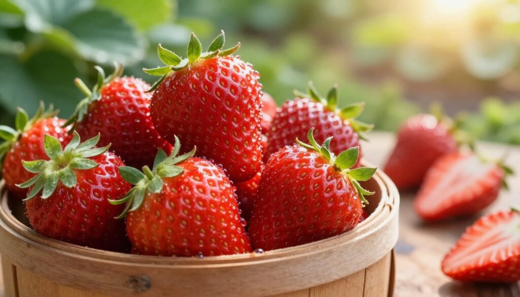 A vibrant close-up of freshly picked strawberries, showcasing plump, juicy berries with rich red hues and tiny green leafy tops, meticulously arranged in a rustic wooden basket. The foreground captures the details of the strawberries with droplets of morning dew glistening on their surfaces. In the middle ground, slices of fresh strawberries spill from the basket onto a wooden table, emphasizing their freshness and organic appeal. The background features a soft-focus garden setting with lush green plants and sunlight filtering through leaves, creating a warm and inviting atmosphere. The light should evoke a soft morning glow, highlighting the freshness of the fruit and evoking feelings of natural abundance and health. A vibrant close-up of freshly picked strawberries, showcasing plump, juicy berries with rich red hues and tiny green leafy tops, meticulously arranged in a rustic wooden basket. The foreground captures the details of the strawberries with droplets of morning dew glistening on their surfaces. In the middle ground, slices of fresh strawberries spill from the basket onto a wooden table, emphasizing their freshness and organic appeal. The background features a soft-focus garden setting with lush green plants and sunlight filtering through leaves, creating a warm and inviting atmosphere. The light should evoke a soft morning glow, highlighting the freshness of the fruit and evoking feelings of natural abundance and health.