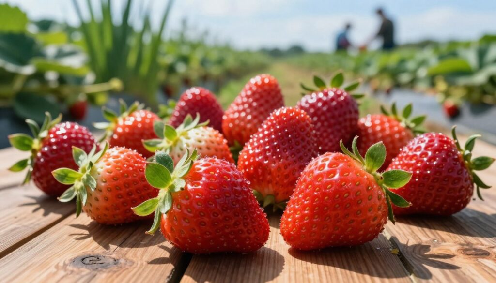 A vibrant close-up of ripe strawberries (truskawki) arranged artfully on a rustic wooden table, highlighting their glossy red surface and fresh green leaves. In the foreground, focus on a few strawberries, showcasing their texture, seeds, and dewdrops glistening under soft, natural sunlight. In the middle, an assortment of strawberries at various stages of ripeness, from early-season berries with lighter hues to fully ripened, deep red varieties. The background features a blurred landscape of a lush strawberry field under a bright blue sky, with hints of tall green plants and distant farmers gently harvesting the fruit. The mood is warm and inviting, celebrating the bountiful harvest. Use a shallow depth of field to enhance the foreground strawberries and create an intimate atmosphere. A vibrant close-up of ripe strawberries (truskawki) arranged artfully on a rustic wooden table, highlighting their glossy red surface and fresh green leaves. In the foreground, focus on a few strawberries, showcasing their texture, seeds, and dewdrops glistening under soft, natural sunlight. In the middle, an assortment of strawberries at various stages of ripeness, from early-season berries with lighter hues to fully ripened, deep red varieties. The background features a blurred landscape of a lush strawberry field under a bright blue sky, with hints of tall green plants and distant farmers gently harvesting the fruit. The mood is warm and inviting, celebrating the bountiful harvest. Use a shallow depth of field to enhance the foreground strawberries and create an intimate atmosphere.