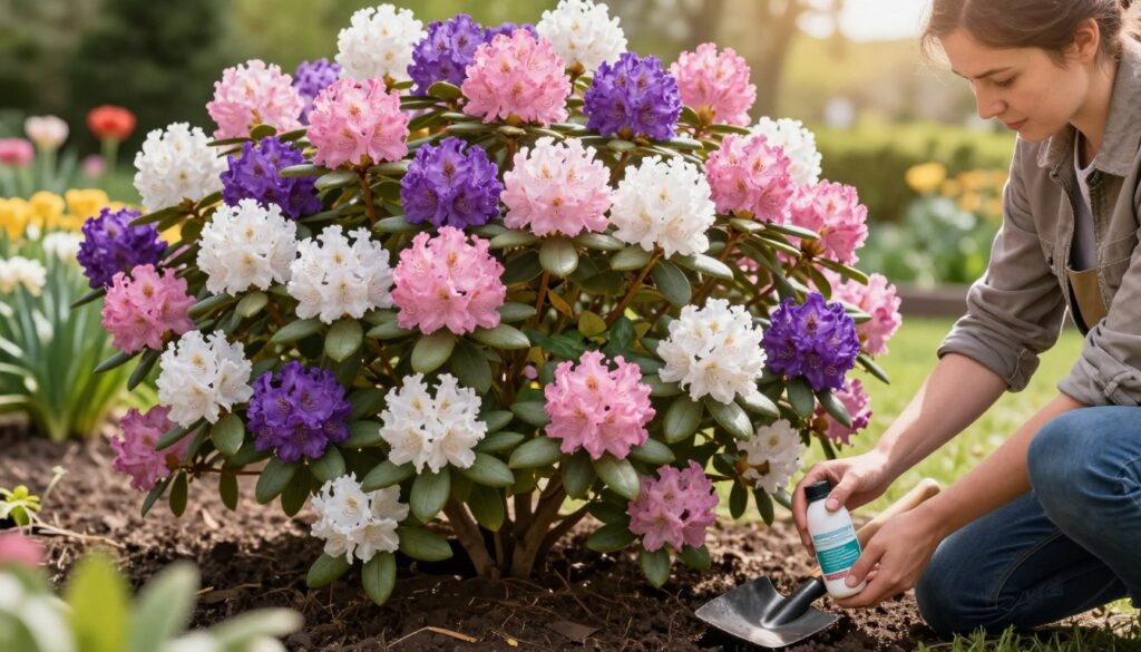 A vibrant, close-up view of a lush rhododendron bush in full bloom, showcasing clusters of colorful blossoms in shades of pink, purple, and white. In the foreground, a gardener kneels beside the bush, dressed in professional gardening attire, gently applying organic fertilizer at the base of the plant. The middle ground features a garden tool, such as a trowel, resting on soft, damp soil, symbolizing nurturing care. The background is a sunlit garden setting, filled with greenery and hints of other flowering plants. Soft sunlight filters through the leaves, creating a warm, inviting atmosphere. The overall mood is serene and nurturing, emphasizing the importance of timing in fertilizing these acid-loving shrubs. A vibrant, close-up view of a lush rhododendron bush in full bloom, showcasing clusters of colorful blossoms in shades of pink, purple, and white. In the foreground, a gardener kneels beside the bush, dressed in professional gardening attire, gently applying organic fertilizer at the base of the plant. The middle ground features a garden tool, such as a trowel, resting on soft, damp soil, symbolizing nurturing care. The background is a sunlit garden setting, filled with greenery and hints of other flowering plants. Soft sunlight filters through the leaves, creating a warm, inviting atmosphere. The overall mood is serene and nurturing, emphasizing the importance of timing in fertilizing these acid-loving shrubs.