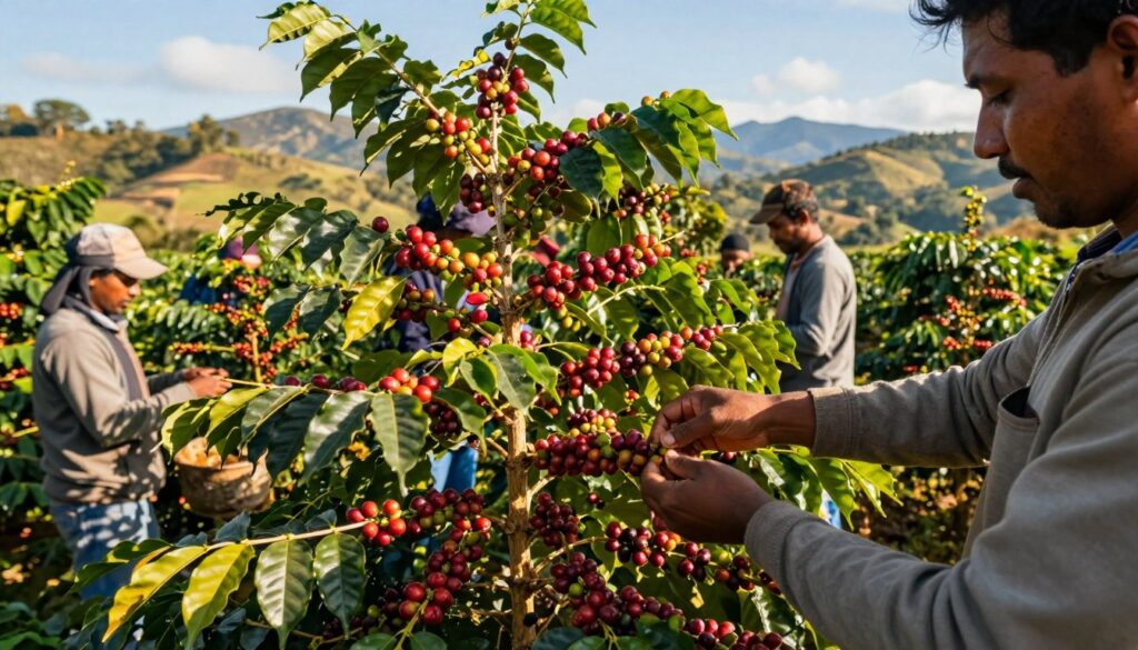 A vibrant coffee plantation scene showcasing the process of harvesting coffee cherries. In the foreground, a group of diverse agricultural workers in modest casual clothing is carefully picking ripe red cherries from lush green coffee bushes, their hands skillfully selected and filled with fruit. In the middle ground, rows of coffee plants stretch out, heavy with berries under a bright tropical sun, casting soft shadows. The background features a scenic view of rolling hills and distant mountains under a clear blue sky, enhancing the lushness of the environment. The lighting is warm and inviting, creating a cheerful and productive atmosphere, with a slight depth of field effect to highlight the workers and the coffee plants. A vibrant coffee plantation scene showcasing the process of harvesting coffee cherries. In the foreground, a group of diverse agricultural workers in modest casual clothing is carefully picking ripe red cherries from lush green coffee bushes, their hands skillfully selected and filled with fruit. In the middle ground, rows of coffee plants stretch out, heavy with berries under a bright tropical sun, casting soft shadows. The background features a scenic view of rolling hills and distant mountains under a clear blue sky, enhancing the lushness of the environment. The lighting is warm and inviting, creating a cheerful and productive atmosphere, with a slight depth of field effect to highlight the workers and the coffee plants.
