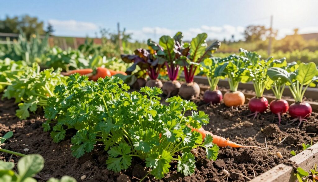A vibrant community garden scene featuring healthy parsley growing among supportive companion vegetables. In the foreground, lush green parsley plants thrive, surrounded by carrots and radishes with rich earthy tones. The middle ground showcases a variety of colorful vegetables, including beets and onions, planted in neat rows with rich soil and sprouting greenery. In the background, a clear blue sky and gentle sunlight illuminate the scene, creating a warm, inviting atmosphere. The composition should have a slightly tilted angle to enhance depth, capturing the harmony of these plants flourishing together. The overall mood is serene and productive, emphasizing the beauty of companion planting in an organic setting. A vibrant community garden scene featuring healthy parsley growing among supportive companion vegetables. In the foreground, lush green parsley plants thrive, surrounded by carrots and radishes with rich earthy tones. The middle ground showcases a variety of colorful vegetables, including beets and onions, planted in neat rows with rich soil and sprouting greenery. In the background, a clear blue sky and gentle sunlight illuminate the scene, creating a warm, inviting atmosphere. The composition should have a slightly tilted angle to enhance depth, capturing the harmony of these plants flourishing together. The overall mood is serene and productive, emphasizing the beauty of companion planting in an organic setting.