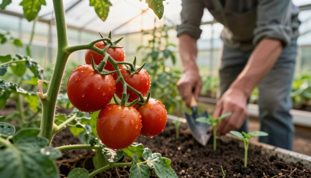 A vibrant composition featuring a cluster of ripe cherry tomatoes, nestled on green vines. In the foreground, detailed tomatoes glisten with water droplets, showcasing their rich red color against lush, green foliage. In the middle ground, a gardener gently tending to the plants, dressed in modest casual clothing, is seen using a small trowel to plant new seedlings. The background reveals a sunny greenhouse, with dappled light filtering through glass panels, illuminating the scene with a warm golden hue. The atmosphere is serene, evoking a sense of growth and nurturing, perfect for fostering the idea of cultivating cherry tomatoes in various conditions. The angle is slightly elevated to capture both the gardener's actions and the thriving plants below. A vibrant composition featuring a cluster of ripe cherry tomatoes, nestled on green vines. In the foreground, detailed tomatoes glisten with water droplets, showcasing their rich red color against lush, green foliage. In the middle ground, a gardener gently tending to the plants, dressed in modest casual clothing, is seen using a small trowel to plant new seedlings. The background reveals a sunny greenhouse, with dappled light filtering through glass panels, illuminating the scene with a warm golden hue. The atmosphere is serene, evoking a sense of growth and nurturing, perfect for fostering the idea of cultivating cherry tomatoes in various conditions. The angle is slightly elevated to capture both the gardener's actions and the thriving plants below.