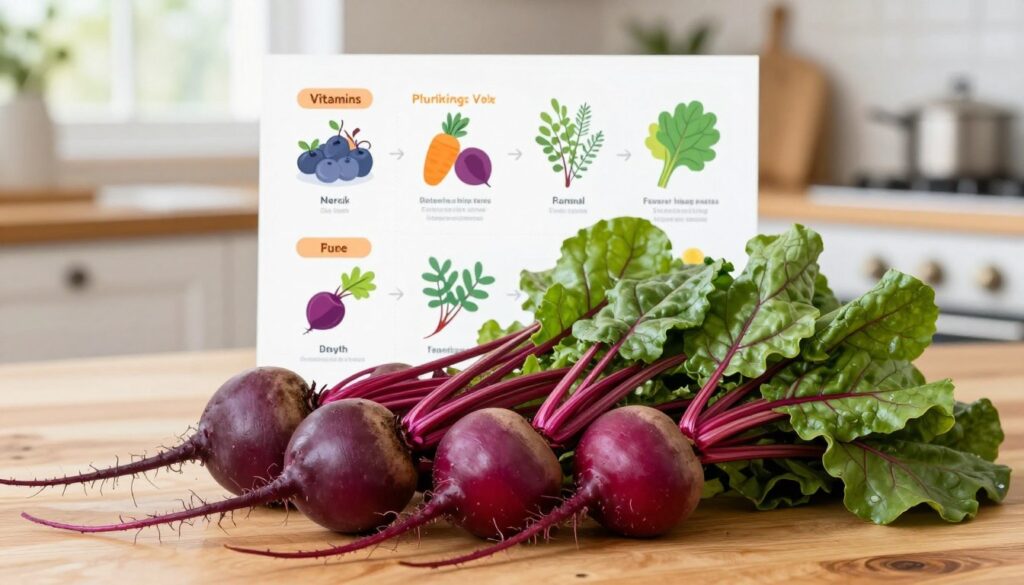 A vibrant, detailed still life composition highlighting the nutritional values of young beetroots and beet greens. In the foreground, showcase fresh young beetroots with their vibrant, earthy hues of deep purple and red, nestled amongst lush, green beet greens, displaying their crinkled texture. In the middle ground, place a neatly arranged chart or infographic on a wooden table, presenting key nutritional information like vitamins, minerals, and health benefits, all illustrated in an attractive, colorful manner. The background features a softly blurred kitchen scene with natural light filtering through a window, creating a warm, inviting atmosphere. The overall mood should feel fresh and healthy, emphasizing the natural beauty and nutritional importance of these vegetables. A vibrant, detailed still life composition highlighting the nutritional values of young beetroots and beet greens. In the foreground, showcase fresh young beetroots with their vibrant, earthy hues of deep purple and red, nestled amongst lush, green beet greens, displaying their crinkled texture. In the middle ground, place a neatly arranged chart or infographic on a wooden table, presenting key nutritional information like vitamins, minerals, and health benefits, all illustrated in an attractive, colorful manner. The background features a softly blurred kitchen scene with natural light filtering through a window, creating a warm, inviting atmosphere. The overall mood should feel fresh and healthy, emphasizing the natural beauty and nutritional importance of these vegetables.
