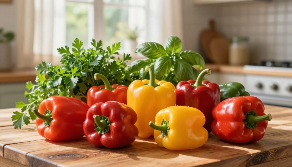 A vibrant display of Polish bell peppers, known as "polska papryka," arranged artistically on a rustic wooden table in a sunlit kitchen. In the foreground, several ripe red and yellow peppers are showcased, their glossy skins reflecting the warm, natural light. The middle ground features a fresh herb garden, with parsley and basil peeking through, adding a touch of green. In the background, a window with sheer curtains lets in soft sunlight, casting gentle shadows. The atmosphere is inviting and homely, emphasizing the freshness and farm-to-table appeal of local vegetables. The composition should capture the essence of seasonal abundance, evoking a sense of warmth and connection to nature. Use a shallow depth of field to focus on the peppers, creating a sense of intimacy. A vibrant display of Polish bell peppers, known as "polska papryka," arranged artistically on a rustic wooden table in a sunlit kitchen. In the foreground, several ripe red and yellow peppers are showcased, their glossy skins reflecting the warm, natural light. The middle ground features a fresh herb garden, with parsley and basil peeking through, adding a touch of green. In the background, a window with sheer curtains lets in soft sunlight, casting gentle shadows. The atmosphere is inviting and homely, emphasizing the freshness and farm-to-table appeal of local vegetables. The composition should capture the essence of seasonal abundance, evoking a sense of warmth and connection to nature. Use a shallow depth of field to focus on the peppers, creating a sense of intimacy.