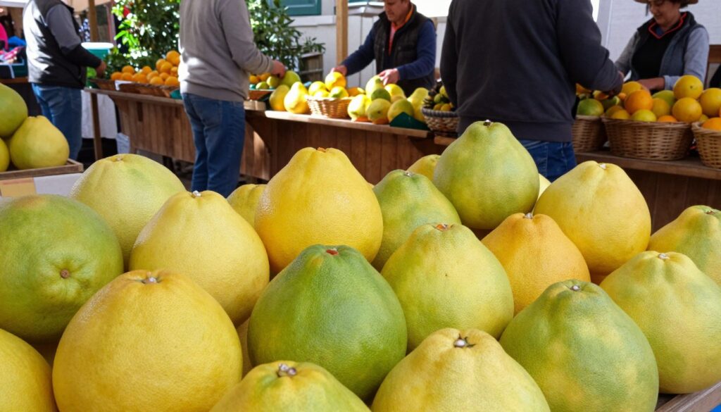 A vibrant display of seasonal pomelos showcased in a rustic Polish market setting. In the foreground, an assortment of ripe, colorful pomelos with their varying shades of yellow and green, glistening in natural sunlight. The middle ground features local vendors dressed in casual, modest clothing, arranging the fruit attractively, emphasizing their freshness and sweetness. The background reveals a cozy market atmosphere, with wooden stalls, baskets filled with citrus fruits, and green foliage adding to the scene. The soft, warm lighting accentuates the textures of the pomelos and creates an inviting mood. Capture this lively, bustling market scene from a slightly elevated angle, allowing viewers to appreciate the vibrant colors and the appeal of pomelos in their peak season. A vibrant display of seasonal pomelos showcased in a rustic Polish market setting. In the foreground, an assortment of ripe, colorful pomelos with their varying shades of yellow and green, glistening in natural sunlight. The middle ground features local vendors dressed in casual, modest clothing, arranging the fruit attractively, emphasizing their freshness and sweetness. The background reveals a cozy market atmosphere, with wooden stalls, baskets filled with citrus fruits, and green foliage adding to the scene. The soft, warm lighting accentuates the textures of the pomelos and creates an inviting mood. Capture this lively, bustling market scene from a slightly elevated angle, allowing viewers to appreciate the vibrant colors and the appeal of pomelos in their peak season.