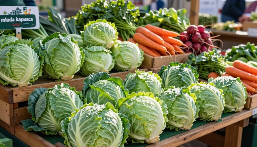 A vibrant display of young cabbage heads, known as "młoda kapusta," arranged artistically in a rustic farmers' market setting. In the foreground, several freshly picked, crisp cabbages with bright green leaves glisten in the morning dew. The middle ground features a wooden stall adorned with more cabbages, alongside seasonal vegetables like carrots and radishes, creating a colorful mosaic of produce. The background includes soft-focus imagery of leafy greens and a hint of bustling market activity. Natural sunlight filters through, casting gentle shadows and highlighting the freshness of the vegetables. The atmosphere is lively and inviting, capturing the essence of a vibrant Polish market in late spring.