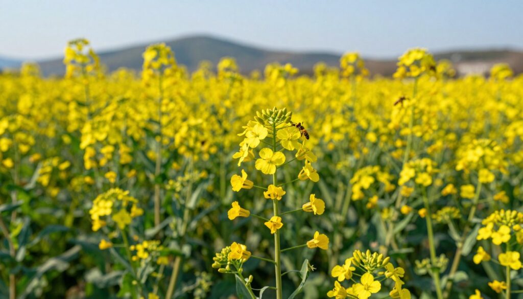 A vibrant field of winter oilseed rape (rzepak ozimy) in full bloom, showcasing bright yellow flowers. In the foreground, focus on the delicate flower clusters, with bees gently buzzing around. The middle ground features an expanse of lush green foliage, hinting at the plant's health and vitality. In the background, a soft-focus landscape of rolling hills under a clear blue sky enhances the scene, with golden sunlight bathing everything in a warm glow. The image captures a sense of growth and fertility, illustrating the benefits of this crop for enriching soil. The mood is serene and optimistic, conveying the promise of agricultural sustainability. Shot from a low angle to emphasize the height of the plants, with natural lighting to bring out the vivid colors. A vibrant field of winter oilseed rape (rzepak ozimy) in full bloom, showcasing bright yellow flowers. In the foreground, focus on the delicate flower clusters, with bees gently buzzing around. The middle ground features an expanse of lush green foliage, hinting at the plant's health and vitality. In the background, a soft-focus landscape of rolling hills under a clear blue sky enhances the scene, with golden sunlight bathing everything in a warm glow. The image captures a sense of growth and fertility, illustrating the benefits of this crop for enriching soil. The mood is serene and optimistic, conveying the promise of agricultural sustainability. Shot from a low angle to emphasize the height of the plants, with natural lighting to bring out the vivid colors.