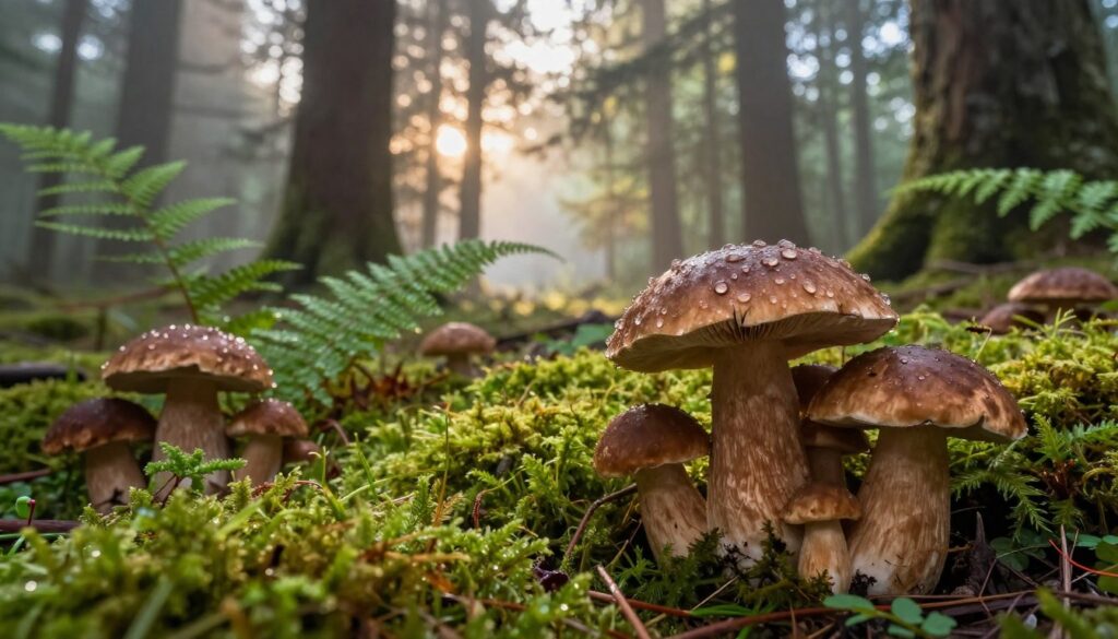 A vibrant forest scene during early morning, showcasing the lush growth of various mushrooms. In the foreground, focus on a cluster of porcini mushrooms, their thick, brown caps glistening with dew. Surround them with rich green moss and delicate ferns, emphasizing the moist environment. In the middle ground, softer patches of light filter through a canopy of tall, ancient trees, creating a dappled effect on the forest floor. The background features a gentle mist rising, evoking a sense of tranquility and freshness. The lighting is soft and warm, suggesting a serene atmosphere ideal for mushroom growth. Capture this enchanting moment from a slightly low angle to accentuate the height of the trees and the detail of the mushrooms in the foreground. A vibrant forest scene during early morning, showcasing the lush growth of various mushrooms. In the foreground, focus on a cluster of porcini mushrooms, their thick, brown caps glistening with dew. Surround them with rich green moss and delicate ferns, emphasizing the moist environment. In the middle ground, softer patches of light filter through a canopy of tall, ancient trees, creating a dappled effect on the forest floor. The background features a gentle mist rising, evoking a sense of tranquility and freshness. The lighting is soft and warm, suggesting a serene atmosphere ideal for mushroom growth. Capture this enchanting moment from a slightly low angle to accentuate the height of the trees and the detail of the mushrooms in the foreground.