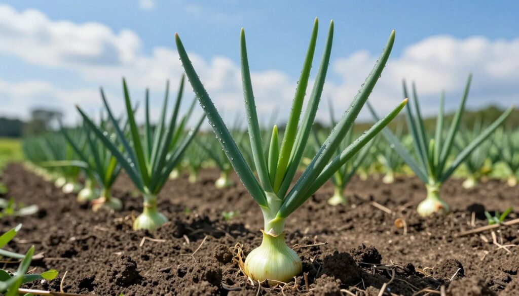 A vibrant, fresh onion plant (cebuli) stands prominently in the foreground, showcasing its lush green leaves and healthy bulb, glistening with morning dew. The middle ground features a fertile garden bed with rich, dark soil, where rows of onions are visibly growing. In the background, a bright blue sky dotted with fluffy white clouds enhances the scene, creating a serene atmosphere. Soft, diffused sunlight filters through, casting gentle shadows and highlighting the texture of the leaves and soil. The overall mood is one of vitality and growth, capturing the essence of nurturing plants for optimal development. The image should focus on the natural elements without any text or distractions, emphasizing the healthy state of the cebuli. A vibrant, fresh onion plant (cebuli) stands prominently in the foreground, showcasing its lush green leaves and healthy bulb, glistening with morning dew. The middle ground features a fertile garden bed with rich, dark soil, where rows of onions are visibly growing. In the background, a bright blue sky dotted with fluffy white clouds enhances the scene, creating a serene atmosphere. Soft, diffused sunlight filters through, casting gentle shadows and highlighting the texture of the leaves and soil. The overall mood is one of vitality and growth, capturing the essence of nurturing plants for optimal development. The image should focus on the natural elements without any text or distractions, emphasizing the healthy state of the cebuli.