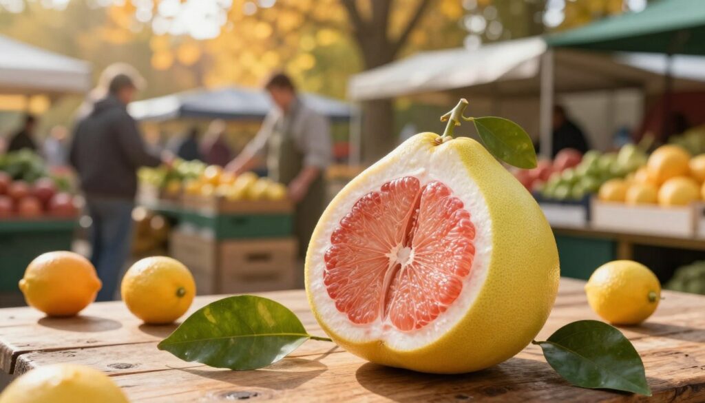 A vibrant, fresh pomelo fruit prominently displayed in the foreground, its textured, yellow-green skin partially peeled to reveal the juicy, pink flesh inside. Surrounding the pomelo are scattered leaves and smaller citrus fruits on a rustic wooden table, suggesting a market setting. In the middle ground, a softly blurred image of a Polish farmer’s market in late autumn, with vendors selling various fruits and vegetables, creating a sense of local culture. The background features a warm, golden hour sunlight filtering through trees, casting gentle shadows and enhancing the inviting mood of harvest season. Use a shallow depth of field to focus on the pomelo while keeping the market slightly out of focus, capturing the essence of freshness and the seasonal bounty.