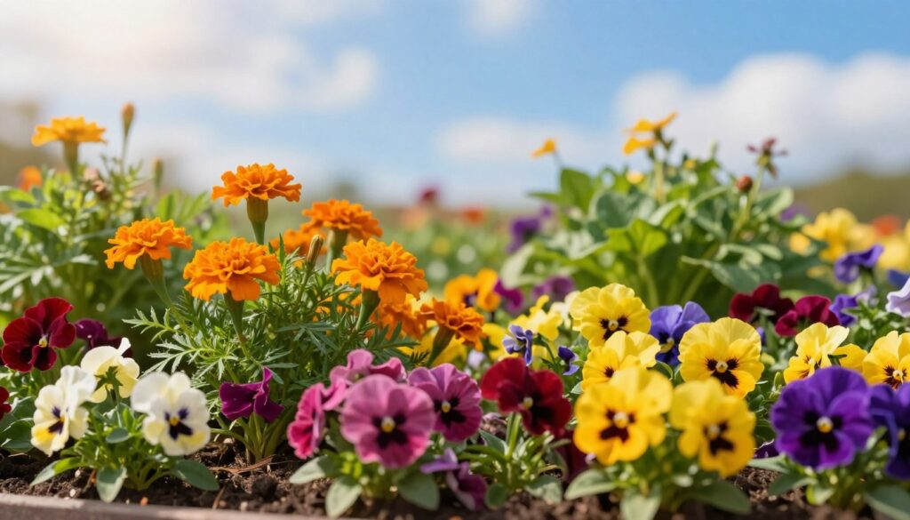 A vibrant garden bed filled with a variety of colorful flowers suitable for planting in the ground, such as marigolds, petunias, and pansies. In the foreground, focus on a bright and cheerful arrangement of these blooms, showcasing their vivid colors and intricate petal designs. The middle ground features lush greenery and foliage that complements the flowers, creating a lush, thriving atmosphere. In the background, a soft-focus view of a sunny blue sky with wispy clouds adds depth to the scene. The lighting is warm and inviting, emphasizing the flowers' vibrant hues. The composition should evoke a sense of peace and beauty, perfect for a spring garden. A vibrant garden bed filled with a variety of colorful flowers suitable for planting in the ground, such as marigolds, petunias, and pansies. In the foreground, focus on a bright and cheerful arrangement of these blooms, showcasing their vivid colors and intricate petal designs. The middle ground features lush greenery and foliage that complements the flowers, creating a lush, thriving atmosphere. In the background, a soft-focus view of a sunny blue sky with wispy clouds adds depth to the scene. The lighting is warm and inviting, emphasizing the flowers' vibrant hues. The composition should evoke a sense of peace and beauty, perfect for a spring garden.