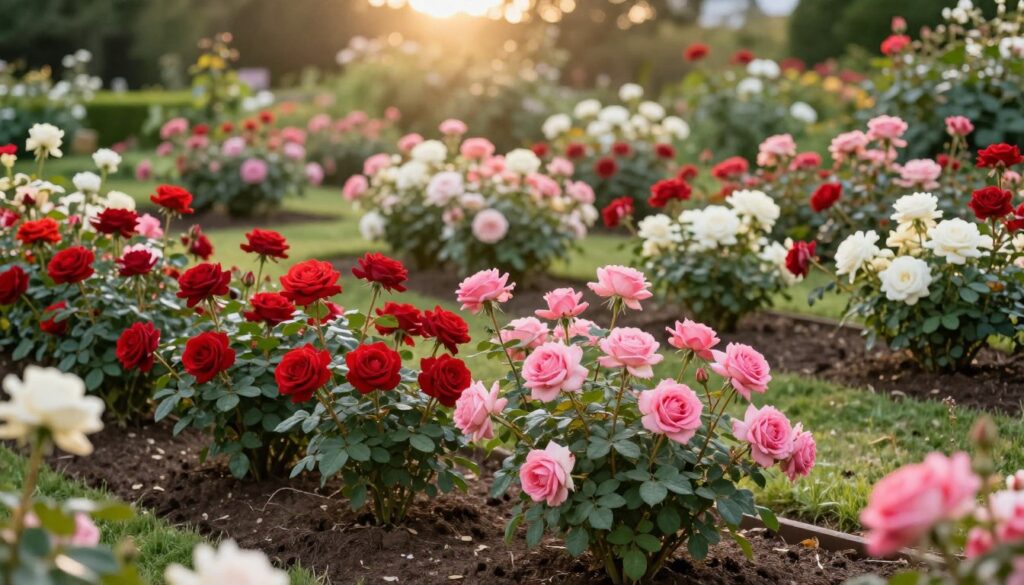 A vibrant garden bed showcasing optimal rose planting density, filled with a diverse array of blooming hybrid roses in various colors: deep reds, bright pinks, and creamy whites. In the foreground, several healthy rose plants are close together, with lush green leaves and abundant flowers, highlighting their compact arrangement for maximum visual impact. The middle ground features a gentle slope of the garden, leading to more roses arranged in picturesque patterns, demonstrating effective spacing and composition. In the background, soft sunlight filters through the leaves of nearby trees, casting a warm and inviting glow over the scene, with a slight bokeh effect to enhance depth. The atmosphere is serene and lush, conveying the beauty of a well-planned rose garden. A vibrant garden bed showcasing optimal rose planting density, filled with a diverse array of blooming hybrid roses in various colors: deep reds, bright pinks, and creamy whites. In the foreground, several healthy rose plants are close together, with lush green leaves and abundant flowers, highlighting their compact arrangement for maximum visual impact. The middle ground features a gentle slope of the garden, leading to more roses arranged in picturesque patterns, demonstrating effective spacing and composition. In the background, soft sunlight filters through the leaves of nearby trees, casting a warm and inviting glow over the scene, with a slight bokeh effect to enhance depth. The atmosphere is serene and lush, conveying the beauty of a well-planned rose garden.
