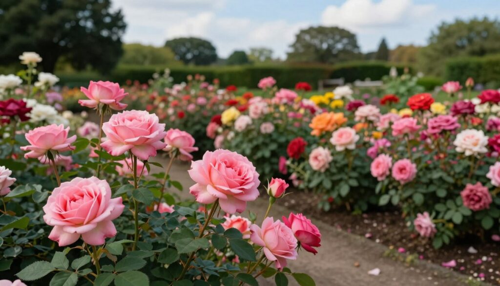 A vibrant garden scene featuring both park roses and bedding roses, vividly demonstrating the differences between them. In the foreground, showcase lush pink park roses with large blooms, surrounded by healthy green foliage. In the middle ground, detail colorful bedding roses in compact clusters, creating a dense and colorful display. The background should have a softly blurred park setting with trees and a serene blue sky, enhancing the garden atmosphere. Utilize warm, natural lighting to create a bright and cheerful ambiance that highlights the roses’ vibrant colors. Capture the scene with a shallow depth of field, emphasizing the flowers in the foreground while creating a soft focus on the background, evoking a sense of tranquility and beauty in nature. A vibrant garden scene featuring both park roses and bedding roses, vividly demonstrating the differences between them. In the foreground, showcase lush pink park roses with large blooms, surrounded by healthy green foliage. In the middle ground, detail colorful bedding roses in compact clusters, creating a dense and colorful display. The background should have a softly blurred park setting with trees and a serene blue sky, enhancing the garden atmosphere. Utilize warm, natural lighting to create a bright and cheerful ambiance that highlights the roses’ vibrant colors. Capture the scene with a shallow depth of field, emphasizing the flowers in the foreground while creating a soft focus on the background, evoking a sense of tranquility and beauty in nature.