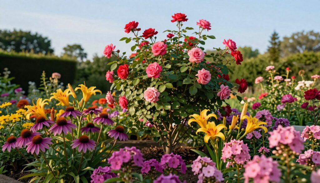 A vibrant garden scene featuring flowering perennials surrounding a standard rose bush. In the foreground, a variety of colorful perennial flowers in full bloom, such as purple coneflowers, yellow daylilies, and pink phlox, create a lively and cheerful atmosphere. The middle ground showcases the standard rose bush with lush green foliage and elegant blooms in shades of red and pink. The background features softly blurred greenery and a clear blue sky, providing a tranquil, sunny ambiance. The lighting is warm and inviting, highlighting the vivid colors of the flowers. The angle captures the essence of the garden, evoking a sense of elegance and beauty in the composition. A vibrant garden scene featuring flowering perennials surrounding a standard rose bush. In the foreground, a variety of colorful perennial flowers in full bloom, such as purple coneflowers, yellow daylilies, and pink phlox, create a lively and cheerful atmosphere. The middle ground showcases the standard rose bush with lush green foliage and elegant blooms in shades of red and pink. The background features softly blurred greenery and a clear blue sky, providing a tranquil, sunny ambiance. The lighting is warm and inviting, highlighting the vivid colors of the flowers. The angle captures the essence of the garden, evoking a sense of elegance and beauty in the composition.