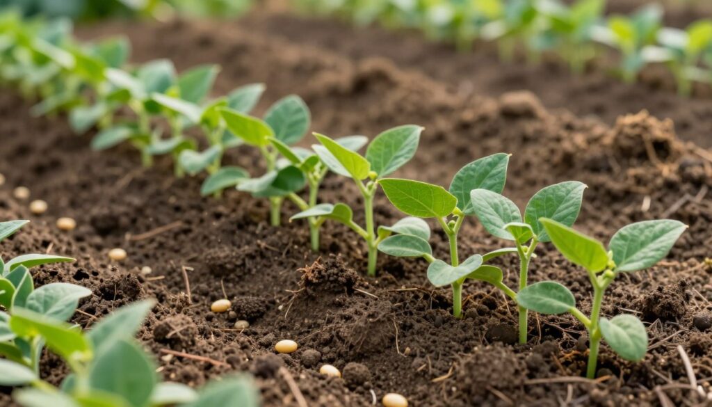 A vibrant garden scene featuring rows of freshly planted green beans (siew nasion fasolki) in various stages of growth. In the foreground, close-up view of the dark soil with seeds buried at different depths, illustrating ideal planting methods. The middle ground includes lush, healthy green bean seedlings emerging from the ground, showcasing their delicate leaves reaching towards soft sunlight. In the background, a blurred image of rich, fertile soil types with patches of different textures, representing various soil conditions. The scene is bathed in warm, natural light, enhancing the vivid greens and browns, evoking a sense of growth and nurturing. Capture the serenity of a well-tended garden, with a soft focus to create an inviting and calm atmosphere. A vibrant garden scene featuring rows of freshly planted green beans (siew nasion fasolki) in various stages of growth. In the foreground, close-up view of the dark soil with seeds buried at different depths, illustrating ideal planting methods. The middle ground includes lush, healthy green bean seedlings emerging from the ground, showcasing their delicate leaves reaching towards soft sunlight. In the background, a blurred image of rich, fertile soil types with patches of different textures, representing various soil conditions. The scene is bathed in warm, natural light, enhancing the vivid greens and browns, evoking a sense of growth and nurturing. Capture the serenity of a well-tended garden, with a soft focus to create an inviting and calm atmosphere.