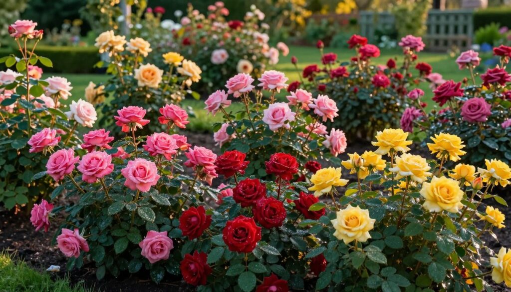 A vibrant garden scene featuring "róże okrywowe," showcasing their lush foliage and clusters of colorful blooms. In the foreground, focus on a variety of low-growing rose bushes with rich pink, deep red, and sunny yellow petals, dew-kissed leaves glistening in the morning light. The middle ground reveals additional rose varieties, illustrating the diversity of popular garden roses, each with distinct shapes and colors. In the background, a softly blurred landscape of a well-tended garden with greenery and a hint of a trellis. The lighting is warm and inviting, with soft sunlight illuminating the petals, creating a serene and cheerful mood. Capture the image from a slight elevated angle to provide a comprehensive view, emphasizing the beauty and variety of these ornamental roses.