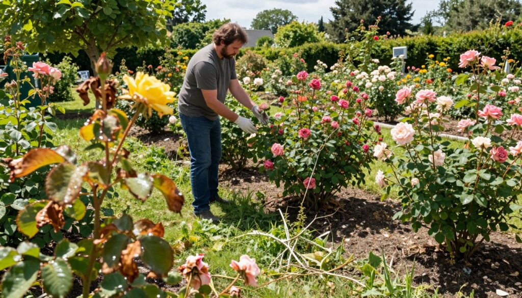 A vibrant garden scene focused on the most common mistakes in rose cultivation. In the foreground, a close-up of wilting and browning rose leaves, showing improper watering signs. The middle ground captures a gardener in modest, casual clothing inspecting mismanaged rose bushes, surrounded by overcrowded plants and tangled weeds. In the background, a sunny landscape with a beautifully maintained rose garden, subtly contrasting with the mistakes in the foreground. Soft sunlight filters through the branches, casting dappled shadows on the plants. The atmosphere is both educational and slightly cautionary, emphasizing the importance of proper care in rose gardening, with an inviting color palette of greens, pinks, and yellows. A vibrant garden scene focused on the most common mistakes in rose cultivation. In the foreground, a close-up of wilting and browning rose leaves, showing improper watering signs. The middle ground captures a gardener in modest, casual clothing inspecting mismanaged rose bushes, surrounded by overcrowded plants and tangled weeds. In the background, a sunny landscape with a beautifully maintained rose garden, subtly contrasting with the mistakes in the foreground. Soft sunlight filters through the branches, casting dappled shadows on the plants. The atmosphere is both educational and slightly cautionary, emphasizing the importance of proper care in rose gardening, with an inviting color palette of greens, pinks, and yellows.
