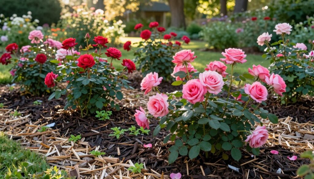 A vibrant garden scene showcasing a beautifully mulched rose bed rich in organic matter like wood chips, straw, and shredded leaves. In the foreground, the roses bloom in various shades of pink and red, their delicate petals glistening in soft morning light. The middle layer features the rich, dark mulch surrounding the rose roots, adding contrast, while small green weeds are visibly suppressed under the protective layer. In the background, a soft-focus garden landscape with sunlight filtering through trees creates a warm, serene atmosphere. The scene is illuminated with gentle sunlight creating dappled shadows. The perspective is slightly elevated, capturing the lushness and health of the roses, emphasizing the benefits of mulching in a tranquil garden setting. A vibrant garden scene showcasing a beautifully mulched rose bed rich in organic matter like wood chips, straw, and shredded leaves. In the foreground, the roses bloom in various shades of pink and red, their delicate petals glistening in soft morning light. The middle layer features the rich, dark mulch surrounding the rose roots, adding contrast, while small green weeds are visibly suppressed under the protective layer. In the background, a soft-focus garden landscape with sunlight filtering through trees creates a warm, serene atmosphere. The scene is illuminated with gentle sunlight creating dappled shadows. The perspective is slightly elevated, capturing the lushness and health of the roses, emphasizing the benefits of mulching in a tranquil garden setting.