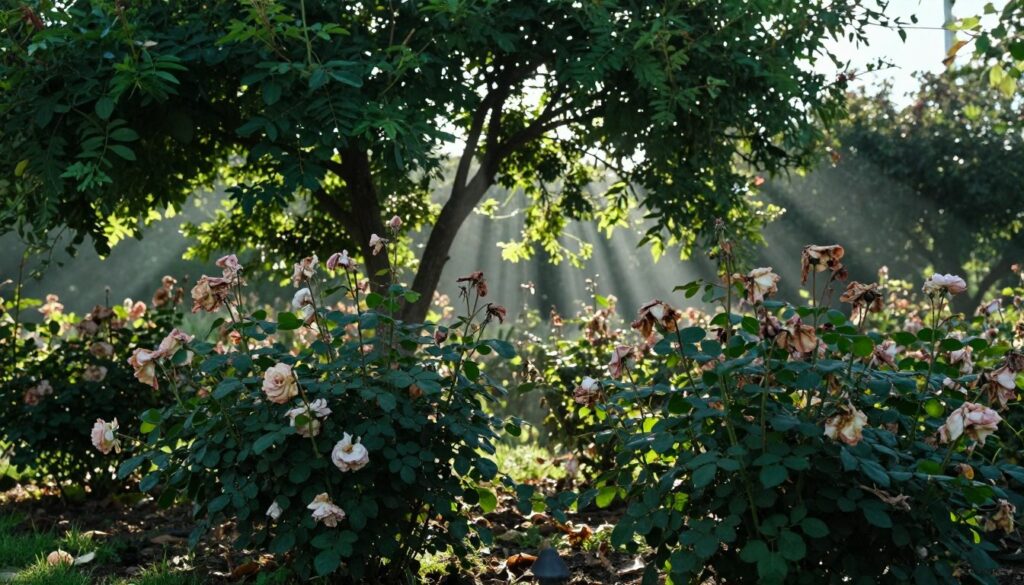 A vibrant garden scene showcasing a cluster of struggling rose bushes, visibly affected by insufficient sunlight and poor air circulation. In the foreground, the roses display limp leaves and faded petals, hinting at their distress. The middle ground features a dense canopy of overlapping tree branches, casting deep shadows over the plants and obstructing sunlight. The background reveals a hazy sky, suggesting overcast conditions that contribute to the problem. Rays of muted sunlight attempt to filter through the leaves, illuminating patches of wilted greenery. A gentle breeze rustles the leaves, creating a sense of movement. The atmosphere is one of concern, highlighting the challenges of maintaining healthy plants due to their environmental conditions, shot with a soft focus for an ethereal quality, emphasizing the struggle for light and air. A vibrant garden scene showcasing a cluster of struggling rose bushes, visibly affected by insufficient sunlight and poor air circulation. In the foreground, the roses display limp leaves and faded petals, hinting at their distress. The middle ground features a dense canopy of overlapping tree branches, casting deep shadows over the plants and obstructing sunlight. The background reveals a hazy sky, suggesting overcast conditions that contribute to the problem. Rays of muted sunlight attempt to filter through the leaves, illuminating patches of wilted greenery. A gentle breeze rustles the leaves, creating a sense of movement. The atmosphere is one of concern, highlighting the challenges of maintaining healthy plants due to their environmental conditions, shot with a soft focus for an ethereal quality, emphasizing the struggle for light and air.