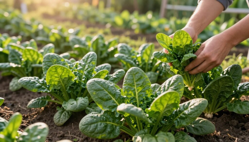 A vibrant garden scene showcasing a healthy, lush spinach crop ready for harvest. In the foreground, neatly arranged spinach plants with rich green leaves catching the sunlight, some with vibrant, almost glossy textures indicating peak freshness. The middle ground includes a few partially harvested plants with hands gently plucking mature leaves, showcasing the careful selection process. The background features a soft-focus view of a well-maintained garden, bathed in warm, golden afternoon light, creating a serene atmosphere. The angle is slightly elevated, providing a comprehensive view of the spinach plants and their environment, emphasizing their readiness for picking. The overall mood is peaceful and inviting, highlighting the beauty of the harvest season in a typical vegetable garden.