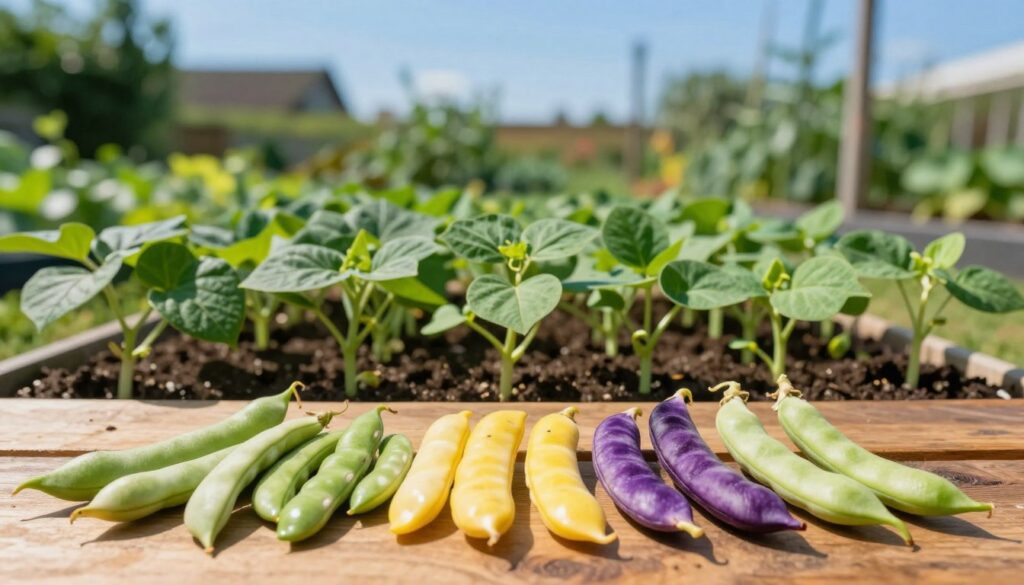A vibrant garden scene showcasing a selection of various bean varieties. In the foreground, display a rich assortment of colorful bean seeds, including green, yellow, and purple pods, arranged aesthetically on a wooden table. The middle ground features healthy, leafy plants sprouting in neat rows, illustrating the early growth stages of bean plants. In the background, a sunny garden environment with a clear blue sky enhances the freshness of the scene. Soft, natural lighting highlights the textures of the bean leaves and seeds. Use a shallow depth of field to create a soft focus on the background, emphasizing the diversity of bean varieties in the foreground. The overall mood is inviting and joyful, celebrating the beauty of gardening and the selection of beans for home cultivation. A vibrant garden scene showcasing a selection of various bean varieties. In the foreground, display a rich assortment of colorful bean seeds, including green, yellow, and purple pods, arranged aesthetically on a wooden table. The middle ground features healthy, leafy plants sprouting in neat rows, illustrating the early growth stages of bean plants. In the background, a sunny garden environment with a clear blue sky enhances the freshness of the scene. Soft, natural lighting highlights the textures of the bean leaves and seeds. Use a shallow depth of field to create a soft focus on the background, emphasizing the diversity of bean varieties in the foreground. The overall mood is inviting and joyful, celebrating the beauty of gardening and the selection of beans for home cultivation.