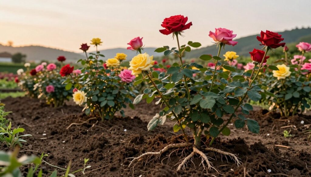 A vibrant garden scene showcasing a variety of roses with different colors, including red, pink, and yellow, thriving in well-structured, nutrient-rich soil. In the foreground, close-up details of the rose roots entwined in the dark, loamy earth, highlighting the texture and moisture content. In the middle ground, healthy rose bushes are blooming, surrounded by rich green foliage, emphasizing the importance of optimal soil conditions. The background features gentle rolling hills under a soft, golden sunset, with warm, diffused sunlight illuminating the scene. The atmosphere is serene and flourishing, conveying a sense of abundance and vitality, ideal for illustrating soil requirements for rose cultivation.