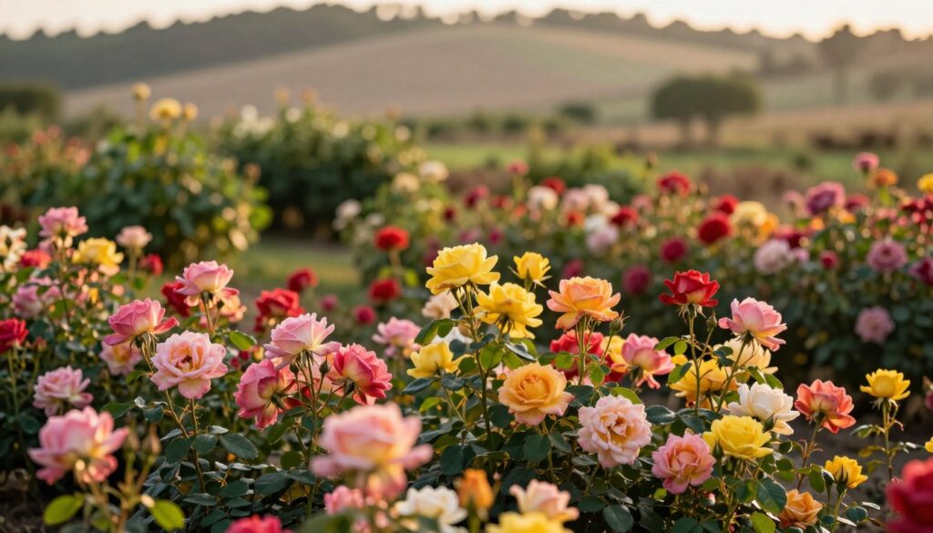 A vibrant garden scene showcasing "ground cover roses" in full bloom. In the foreground, densely packed clusters of colorful roses with delicate petals in shades of pink, red, and yellow, creating a lush, inviting tapestry. The middle ground features gently undulating foliage, with greens adding depth and texture to the composition. In the background, a soft-focus natural landscape with muted earth tones, suggesting a tranquil outdoor setting, bathed in warm, golden afternoon light. The lighting enhances the flowers' natural hues, creating a serene and peaceful atmosphere. A shallow depth of field emphasizes the roses in the foreground, while soft bokeh effects in the background add a dreamy quality to the image. A vibrant garden scene showcasing "ground cover roses" in full bloom. In the foreground, densely packed clusters of colorful roses with delicate petals in shades of pink, red, and yellow, creating a lush, inviting tapestry. The middle ground features gently undulating foliage, with greens adding depth and texture to the composition. In the background, a soft-focus natural landscape with muted earth tones, suggesting a tranquil outdoor setting, bathed in warm, golden afternoon light. The lighting enhances the flowers' natural hues, creating a serene and peaceful atmosphere. A shallow depth of field emphasizes the roses in the foreground, while soft bokeh effects in the background add a dreamy quality to the image.