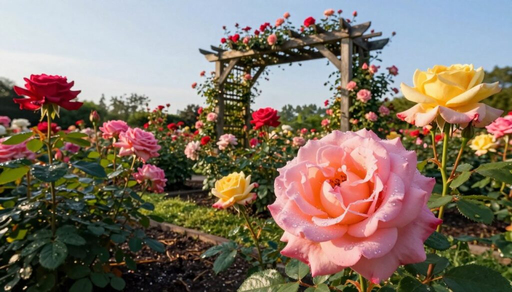 A vibrant garden scene showcasing large, blooming garden roses with lush petals in various shades of pink, red, and yellow. In the foreground, a close-up of a stunning, fully opened "róża wielkokwiatowa" reveals intricate details of its petals and dew drops glistening in the morning light. The middle ground features well-manicured rose bushes, harmoniously spaced, with roses in various stages of bloom, some ready for pruning. A beautiful wooden trellis adorned with climbing roses rises in the background, bathed in soft, golden sunlight. The mood is serene and fresh, evoking the tranquility of a spring morning. Capture this scene from a slightly elevated angle to showcase the depth and beauty of the rose garden, emphasizing the vibrant colors against a clear blue sky.