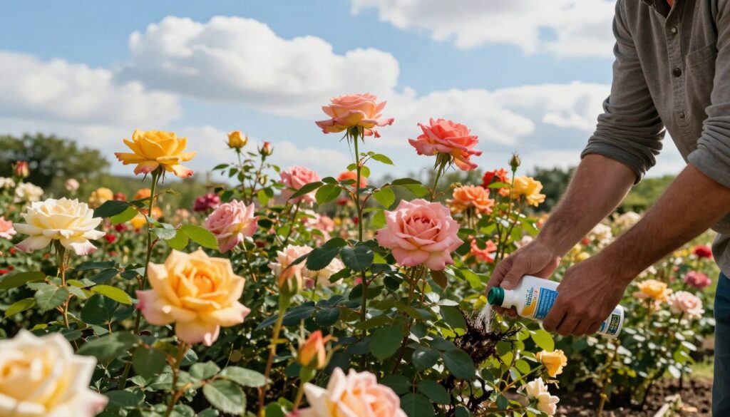A vibrant garden scene showcasing lush, blooming roses in various colors, emphasizing healthy foliage and abundant blossoms. In the foreground, a gardener in modest casual clothing delicately applies organic fertilizer to the roots of the roses, demonstrating the proper technique. The middle ground features rows of different rose varieties, highlighting their full blooms and fresh green leaves. In the background, a bright blue sky with fluffy white clouds adds to the joyful atmosphere of a sunny season. Soft, warm lighting illuminates the flowers, creating a serene and inviting mood. The angle captures an eye-level view of the roses and gardener, inviting the viewer into the flourishing garden setting.
