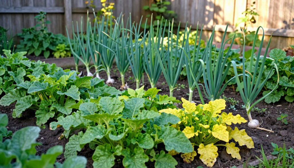 A vibrant garden scene showcasing plants that are not compatible with garlic, emphasizing their contrasting appearances. In the foreground, feature lush, unhealthy plants such as broad-leafed weeds and other vegetables with yellowing leaves, positioned around a garlic patch. In the middle ground, display garlic plants with their robust green stalks, contrasting sharply with the weak neighboring plants. The background should depict a rustic garden with a wooden fence and patches of sunlight filtering through, creating a warm, inviting atmosphere. Use soft, natural lighting to highlight the textures of the leaves and soil. The image should evoke a sense of caution and awareness, illustrating the importance of plant compatibility in gardening. A vibrant garden scene showcasing plants that are not compatible with garlic, emphasizing their contrasting appearances. In the foreground, feature lush, unhealthy plants such as broad-leafed weeds and other vegetables with yellowing leaves, positioned around a garlic patch. In the middle ground, display garlic plants with their robust green stalks, contrasting sharply with the weak neighboring plants. The background should depict a rustic garden with a wooden fence and patches of sunlight filtering through, creating a warm, inviting atmosphere. Use soft, natural lighting to highlight the textures of the leaves and soil. The image should evoke a sense of caution and awareness, illustrating the importance of plant compatibility in gardening.