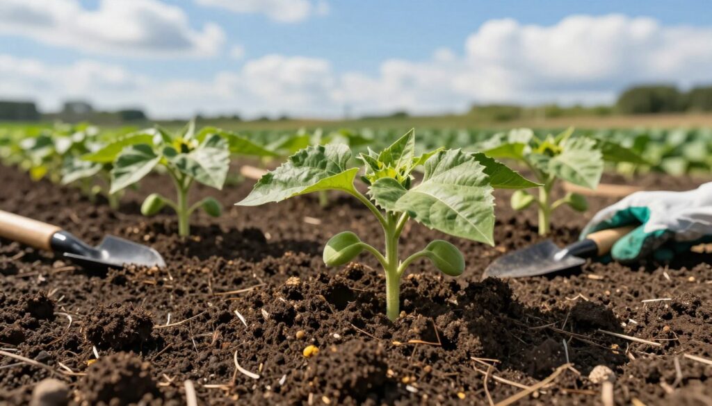 A vibrant garden scene showcasing rich, fertile soil ideal for sunflower planting. In the foreground, close-up of dark, moist soil mixed with organic matter, showcasing texture and nutrient-rich components. In the middle ground, healthy sunflower seedlings sprouting, with lush green leaves indicating strong growth, surrounded by small garden tools like a spade and gloves, hinting at gardening activities. The background features a sunny landscape, with a bright blue sky dotted with soft white clouds, lending a cheerful and inviting atmosphere. Natural lighting illuminates the scene with a warm glow, highlighting the greens of the plants and the deep browns of the soil, creating a sense of vitality and promise for future growth. A vibrant garden scene showcasing rich, fertile soil ideal for sunflower planting. In the foreground, close-up of dark, moist soil mixed with organic matter, showcasing texture and nutrient-rich components. In the middle ground, healthy sunflower seedlings sprouting, with lush green leaves indicating strong growth, surrounded by small garden tools like a spade and gloves, hinting at gardening activities. The background features a sunny landscape, with a bright blue sky dotted with soft white clouds, lending a cheerful and inviting atmosphere. Natural lighting illuminates the scene with a warm glow, highlighting the greens of the plants and the deep browns of the soil, creating a sense of vitality and promise for future growth.