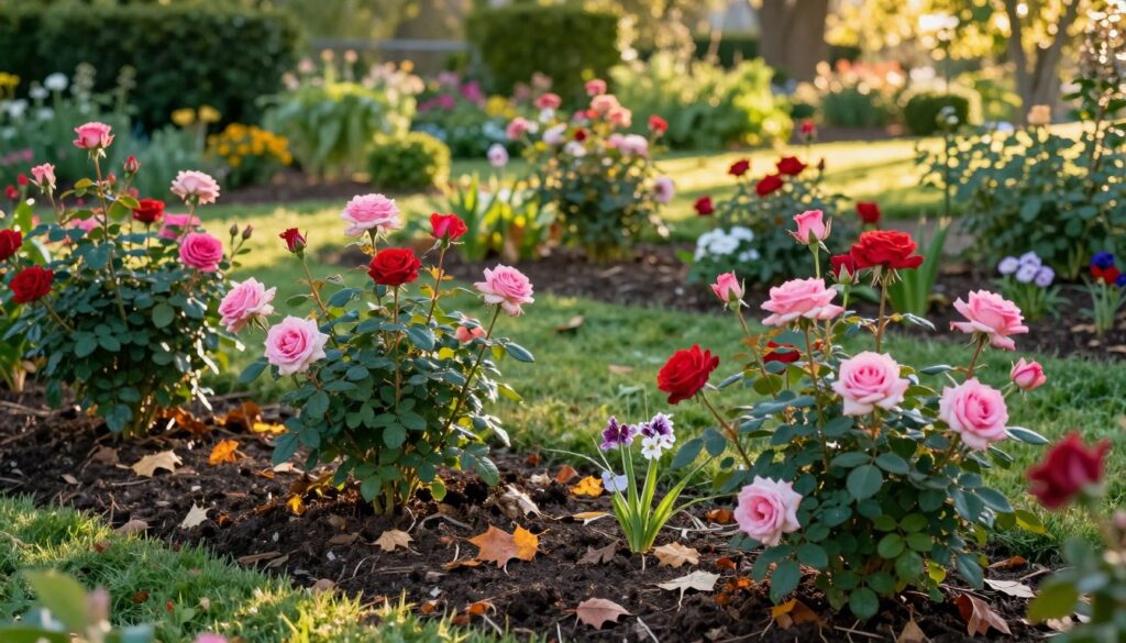 A vibrant garden scene showcasing seasonal challenges in rose care, focusing on the soil surrounding the rose plants. In the foreground, healthy rose bushes bloom in shades of pink and red, with a close-up of the soil, revealing moisture retention techniques such as mulch and organic matter. The middle ground features various seasonal elements, such as autumn leaves scattered on the ground and spring flowers starting to grow. In the background, a serene landscape under soft golden sunlight, casting gentle shadows and emphasizing the lush greenery. The atmosphere should feel tranquil and harmonious, capturing the essence of nature's cycles in garden maintenance. Use a shallow depth of field to blur the background slightly, drawing attention to the roses and soil details. A vibrant garden scene showcasing seasonal challenges in rose care, focusing on the soil surrounding the rose plants. In the foreground, healthy rose bushes bloom in shades of pink and red, with a close-up of the soil, revealing moisture retention techniques such as mulch and organic matter. The middle ground features various seasonal elements, such as autumn leaves scattered on the ground and spring flowers starting to grow. In the background, a serene landscape under soft golden sunlight, casting gentle shadows and emphasizing the lush greenery. The atmosphere should feel tranquil and harmonious, capturing the essence of nature's cycles in garden maintenance. Use a shallow depth of field to blur the background slightly, drawing attention to the roses and soil details.