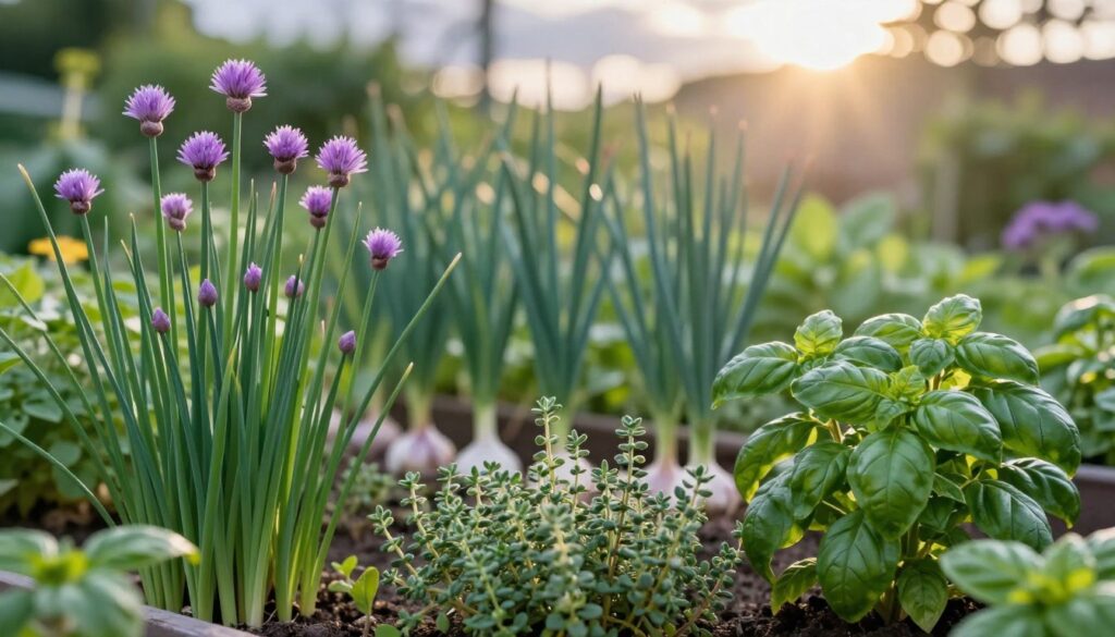 A vibrant garden scene showcasing various herbs that enhance garlic growth, including chives, basil, and thyme. In the foreground, lush green chives with delicate purple flowers stand tall next to fragrant basil plants, while thyme weaves a soft carpet beneath them. The middle layer features well-tended garlic plants, their tall green shoots contrasting with the vibrant herbs. In the background, rays of warm afternoon sunlight filter through soft clouds, casting gentle shadows. The image should capture a serene, nurturing atmosphere, inviting viewers to appreciate the natural beauty of companion planting. Use a shallow depth of field to emphasize the herbs in the foreground while gently blurring the background foliage, creating an immersive, peaceful gardening aesthetic. A vibrant garden scene showcasing various herbs that enhance garlic growth, including chives, basil, and thyme. In the foreground, lush green chives with delicate purple flowers stand tall next to fragrant basil plants, while thyme weaves a soft carpet beneath them. The middle layer features well-tended garlic plants, their tall green shoots contrasting with the vibrant herbs. In the background, rays of warm afternoon sunlight filter through soft clouds, casting gentle shadows. The image should capture a serene, nurturing atmosphere, inviting viewers to appreciate the natural beauty of companion planting. Use a shallow depth of field to emphasize the herbs in the foreground while gently blurring the background foliage, creating an immersive, peaceful gardening aesthetic.