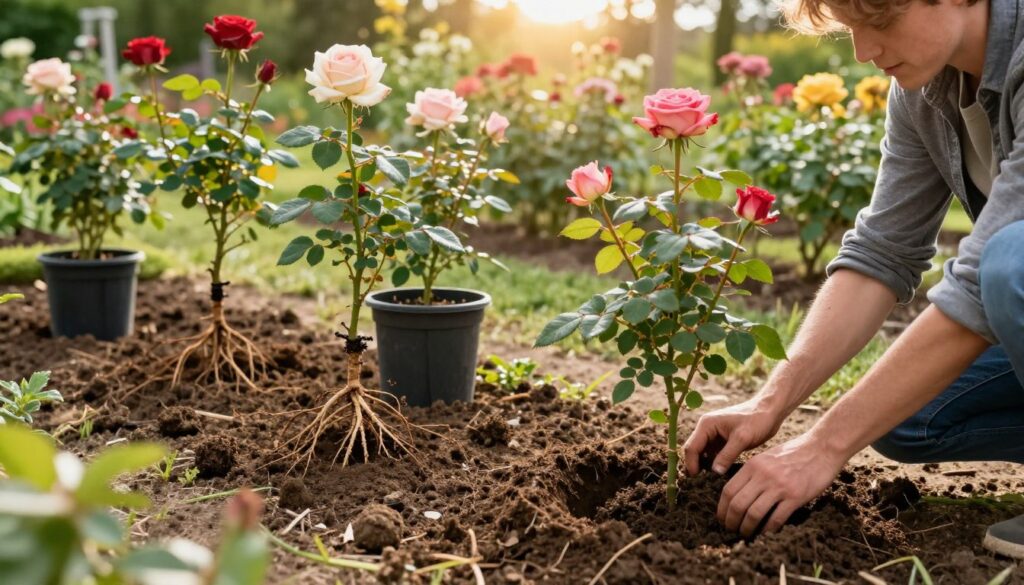A vibrant garden scene showcasing various techniques for planting roses with different root systems. In the foreground, a gardener kneels tending to a newly planted rose shrub, emphasizing proper planting depth and soil quality, dressed in modest casual clothing. In the middle ground, several types of rose plants are arranged: bare-root, potted, and container-grown specimens, demonstrating diverse root systems. The background features a lush landscape with sunlight filtering through the leaves, casting a warm glow on the scene, enhancing the rich colors of the roses. The angle captures a slightly elevated perspective, allowing a clear view of the planting techniques and the healthy soil texture. The overall atmosphere is serene and educational, inviting viewers to learn about effective rose planting methods.